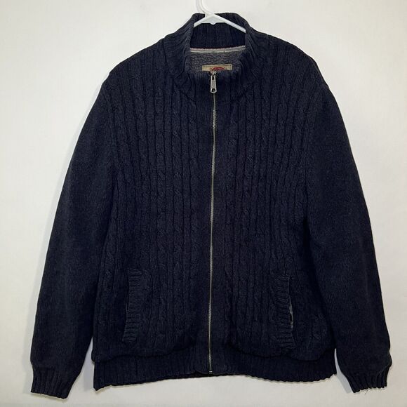 VTG Boston Traders Full Zip Cable Knit Sweater Mens Size Large Navy Sherpa Lined - Picture 1 of 12